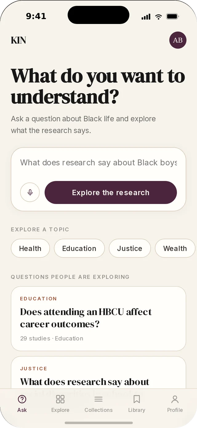 KIN app screen asking “What do you want to understand?”, with a question box, topic chips, and questions people are exploring.