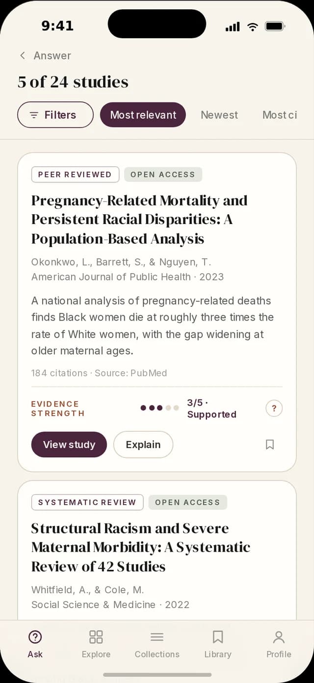 KIN app evidence list showing 5 of 24 studies, each with source type, open access label, evidence strength, and View study and Explain buttons.